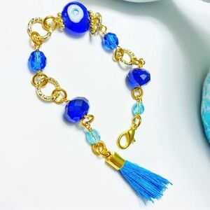 Handmade evil eye Blue and Gold  Bracelet
